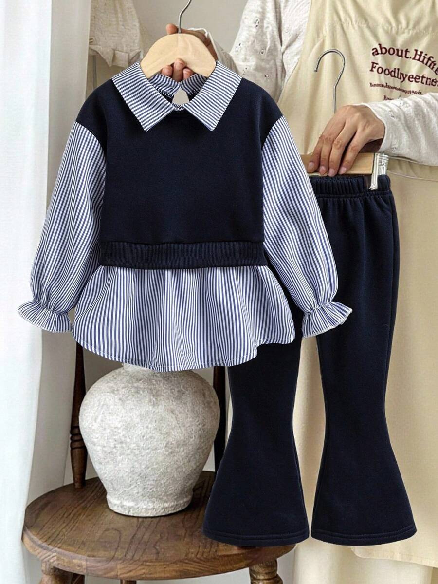 Sparklyn Young Girl Striped Patchwork Sweatshirt And Flare Pants Set - Navy Blue - View 1