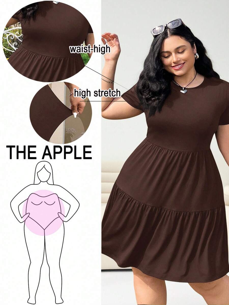 Solflare Black Short Sleeve Loose Fit Plus Size T-Shirt Dress,Spring Summer Clothes Flowy Dress - Coffee Brown - View 1