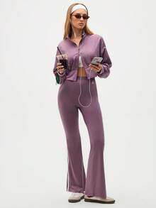 Eassivo Eassivo Women's Mauve Purple Zip-Up Track Jacket, Loose Fit Cropped High Neck Sports Top, Long Sleeve Stretch Athleisure Outerwear - Purple - View 3