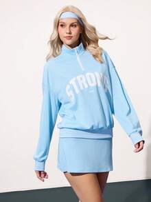 CourtClass 女式休闲字母图案落肩运动衫和迷你裙运动套装，秋季 - 藍色 - 查看 5