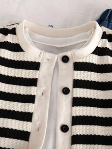 Genkimix Kids 两件套少女秋季新款套装，韩版黑白条纹针织开衫外套，阔腿牛仔裤，时尚休闲街头风套装 - 彩色 - 查看 4