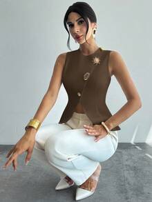 Firerie Damen elegante, raffinierte romantische Pendler-Mode Tägliche Metall-Knopf Taille A-Linie Saum ärmelloses weißes Blusen-Top - Kaffeebraun - Übersicht 7