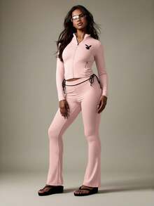 Missguided x Playboy Zip Up Athletic Jacket With Contrast Trim Drawstring Fitted Activewear Exercise Running Fitness Outerwear - Baby Pink - View 3