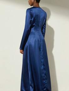 Aveloria Modichic French Luxury Elegant Women's Dress,Navy Blue Satin-Like Fabric A-Line Long Sleeve Dress,Autumn Minimalist Solid Color Dining Gala Party Wear - Navy Blue - View 5