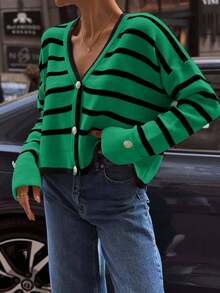 EURMUSE Cardigan de cuello redondo con detalles de botones en el bajo y mangas dobles, con franja de color contrastante - Verde - Ver 2