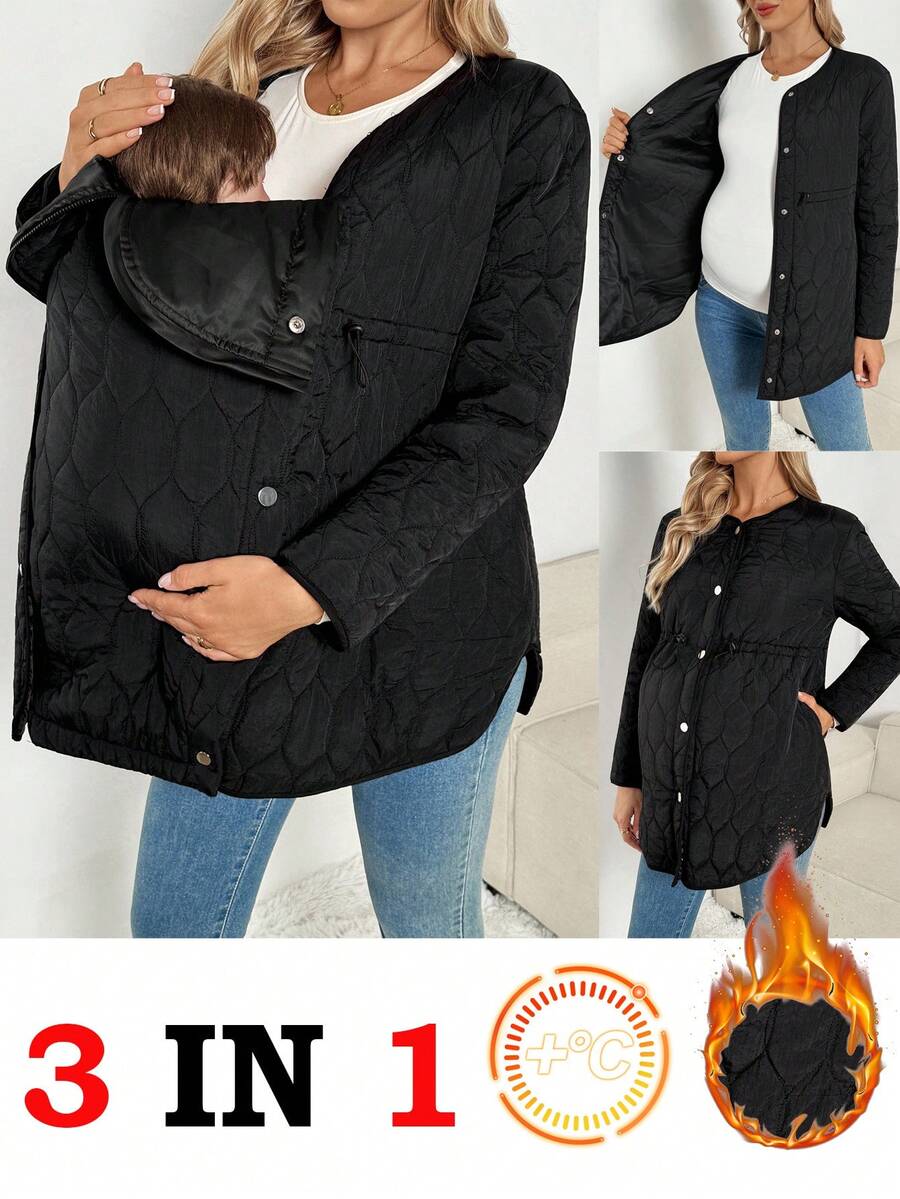 SHEIN Solid Color Casual Loose Fit Long Sleeve Warm 3-In-1 Maternity Jacket Winter Clothes Chic - Black - View 1
