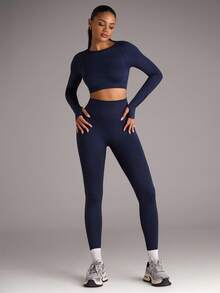 SHEIN BAE 女士纯色露背无缝运动套装健身套装女士健身套装女士紧身裤套装 - 藏蓝色 - 查看 6