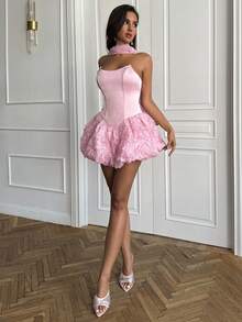 SHEIN BAE Váy ôm sát cơ thể ngắn màu hồng trơn không dây họa tiết hoa, váy họa tiết hoa 3D, váy gợi cảm và thanh lịch, váy lãng mạn, váy hẹn hò, váy sinh nhật, tiệc hộp đêm, halloween, giáng sinh, tiệc hẹn hò - Hồng - Xem 1