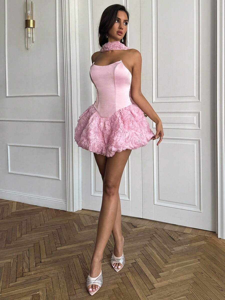 SHEIN BAE Váy ôm sát cơ thể ngắn màu hồng trơn không dây họa tiết hoa, váy họa tiết hoa 3D, váy gợi cảm và thanh lịch, váy lãng mạn, váy hẹn hò, váy sinh nhật, tiệc hộp đêm, halloween, giáng sinh, tiệc hẹn hò - Hồng - Xem 1