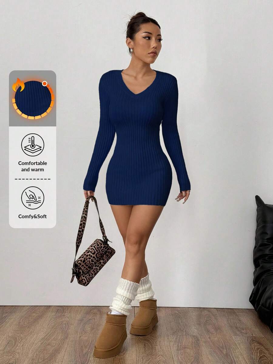 EURMUSE 秋冬休闲纯色修身迷你针织连衣裙