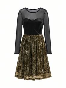 Ellevyn 女式圆领长袖网眼透明黑色天鹅绒心形领口收腰 A 字形亮片串珠面料优雅日常穿着和派对连衣裙，秋冬