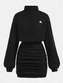 Girlism Váy ngắn tay dài cổ cao dáng rộng, dáng ôm, họa tiết dệt kim màu đen cho bé gái tuổi teen, phong cách cổ điển thanh lịch, đơn giản, đa năng - màu đen - Xem 5