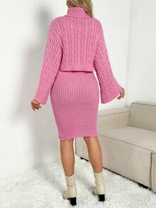 SHEIN Pregnant Women Solid Color Cable Turtleneck Long Sleeve Top And Skirt Elegant Sweater Set - Pink - View 2