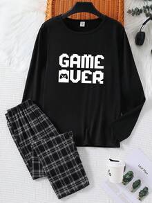 青少年男孩圆领黑色长袖上衣，带有“GAME OVER”图形印花，搭配宽松黑白格子长裤，舒适针织面料休闲睡衣套装 - 彩色 - 查看 4
