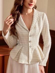 Vintamour Áo khoác vest nữ cổ điển thanh lịch với cúc đính đá và viền bèo nhún, thích hợp cho tiệc tùng, lễ hội, cocktail, mùa thu, mùa đông, Giáng sinh, áo khoác mùa đông nữ, áo khoác mùa đông nữ. - Màu be - Xem 6