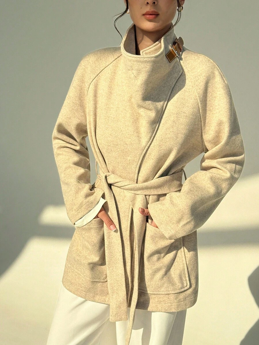 Aloruh Women's Solid Color Raglan Sleeve Pocket Design Casual Jacket, Autumn/Winter - Apricot - View 1