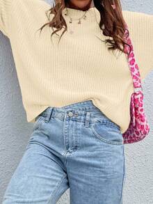 EMERY ROSE Suéter casual de cuello redondo de unicolor - Beis - Ver 3