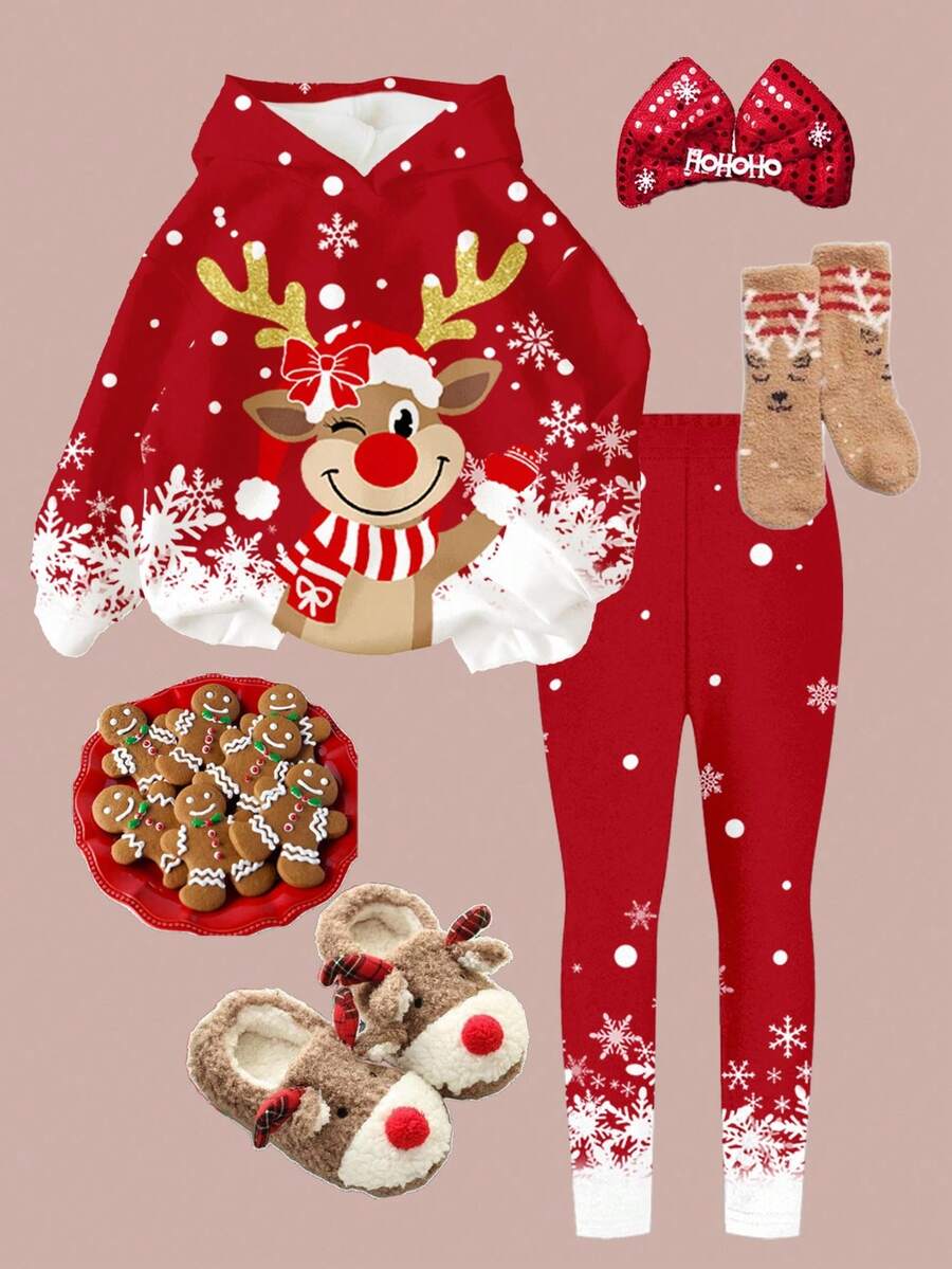 SHEIN Conjunto de sudadera con capucha y leggings con estampado de renos, copos de nieve, muñeco de nieve y árbol de Navidad, casual, cómodo, grueso y suave, corte holgado, manga larga, adecuado para uso diario en otoño, fiesta de Navidad, estilo callejero, hogar