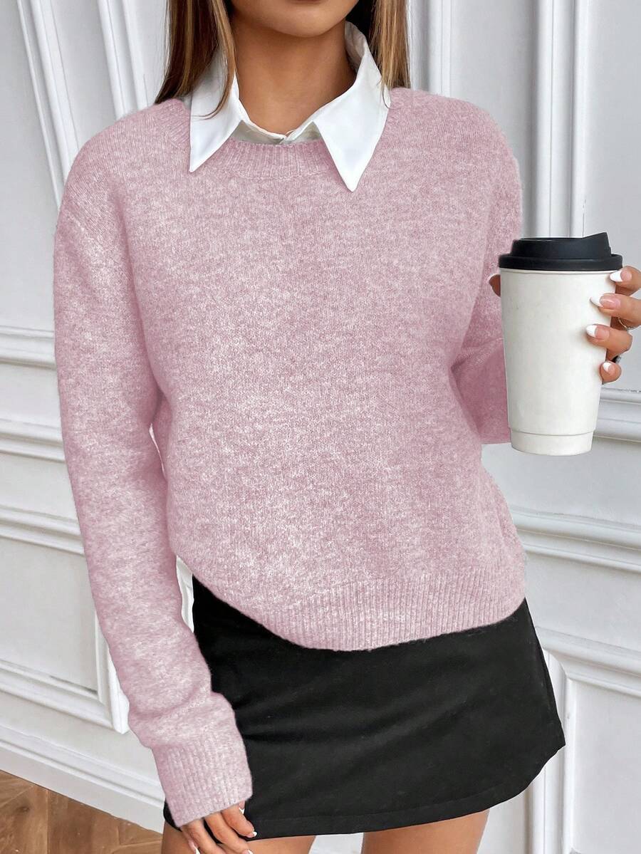 SHEIN 休闲风格纯色圆领针织长袖毛衣 - 粉色 - 查看 1