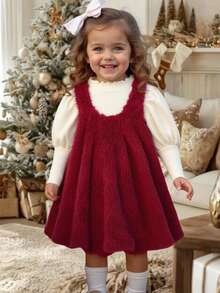 LMoss Kids 2pcs Baby Girl Knitted Solid Color Ruffle Collar T-Shirt And Fluffy Round Neck Sleeveless Dress Set