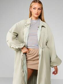 MISSGUIDED Maxi Parachute Long Oversized Windbreaker Trench Coat Fall Winter Street Fashion Lightweight Outerwear Classic Design Christmas - Green - View 4
