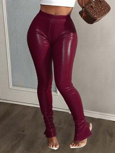 Slaydiva 2025 Autumn And Winter New Street Casual Slim Wine Red PU Textured Fabric High Waist Pile Women Pant, Suitable For Parties, Rave Outfits, Halloween Clothes, Christmas Clothes, Night Out, Club Outfits Women Sexy, Brunch Outfits For Women-A