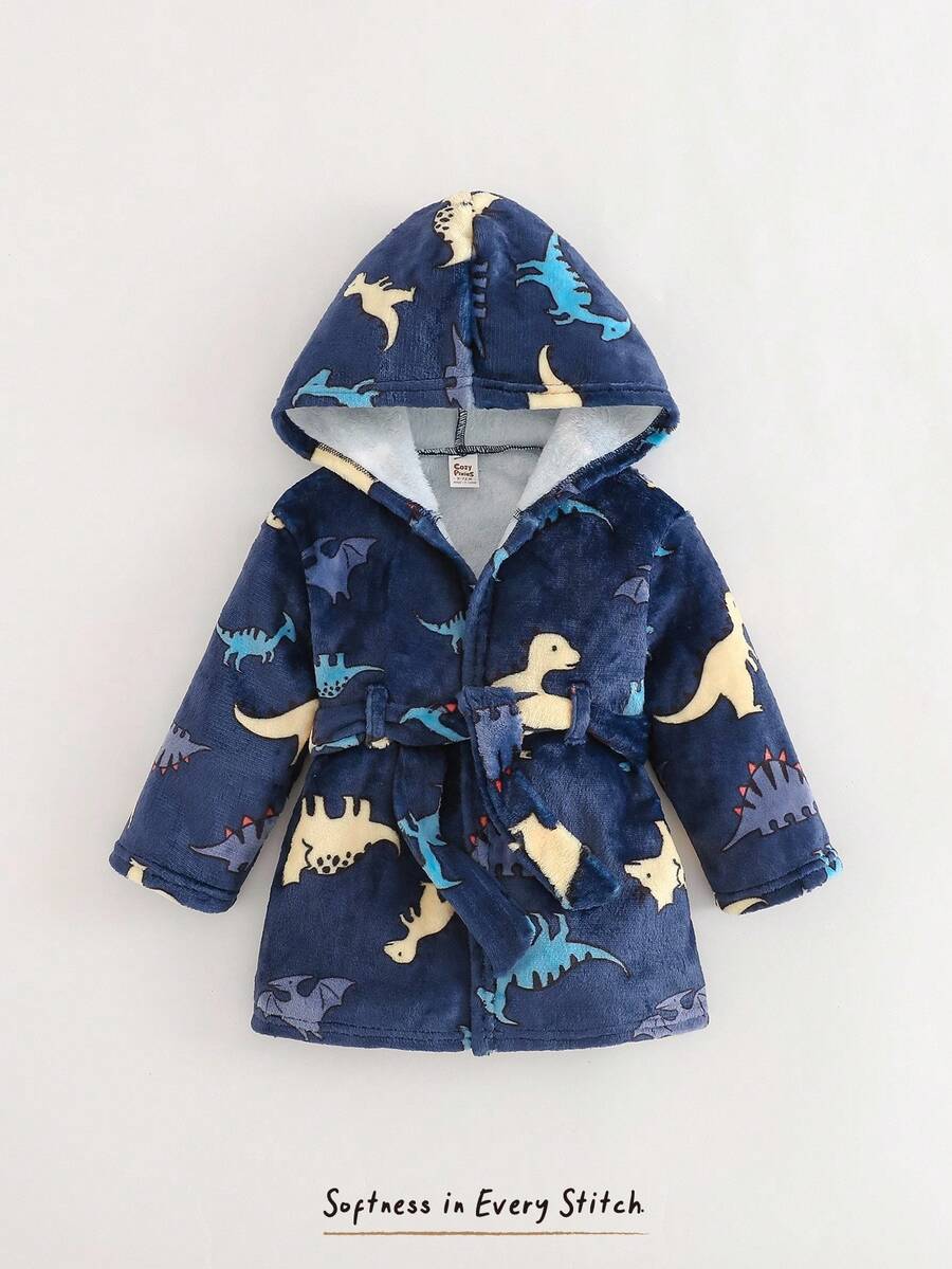Cozy Pixies Jubah Bayi Laki-laki Motif Dinosaurus Kartun Tebal Lengan Panjang Bahan Fleece dengan Tali Pengikat - MultiWarna - View 1
