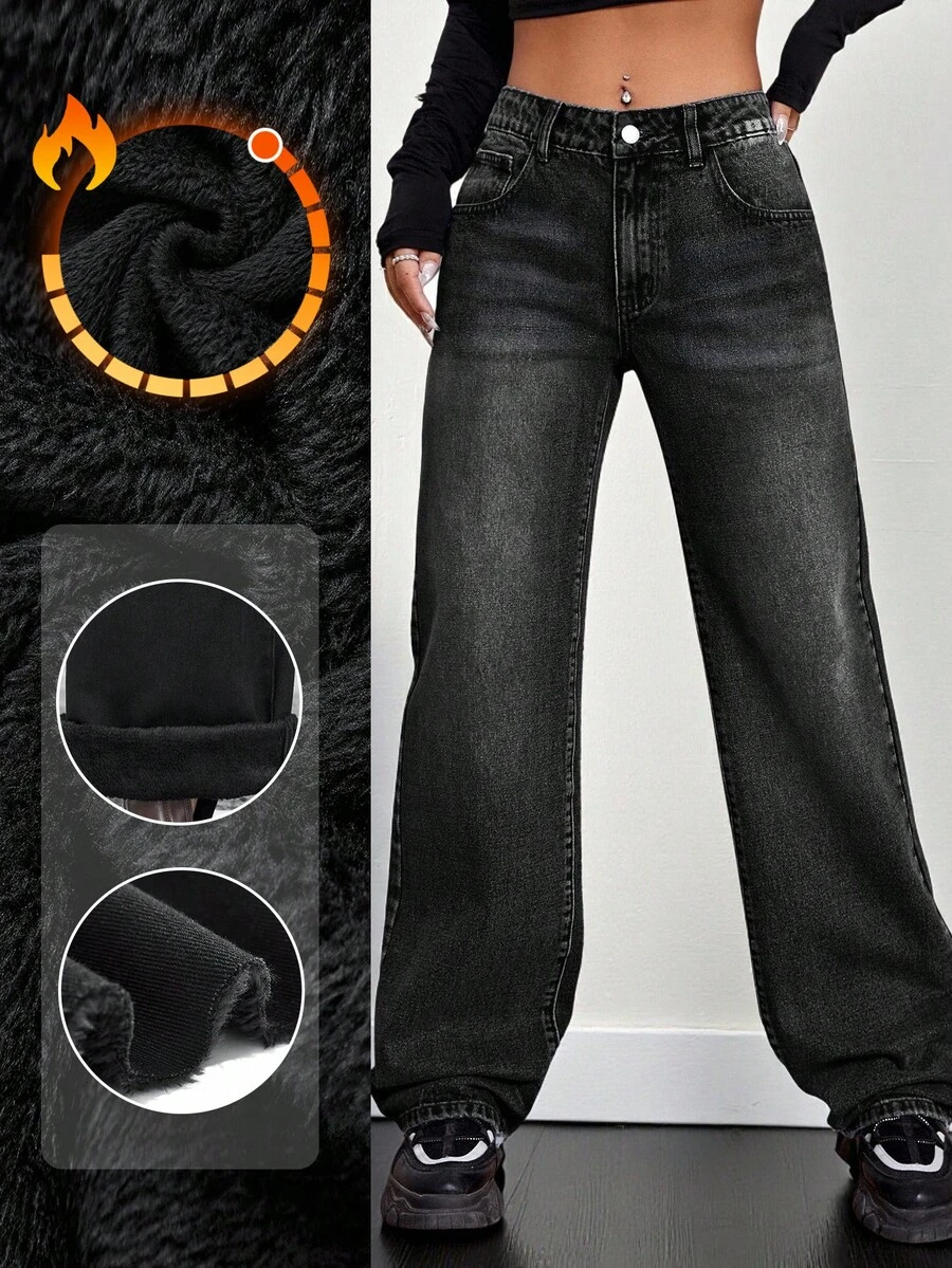 SHEIN Unity Solid Color Thermal Lined Wide Leg Jeans, Fashionable With Pockets, Autumn/Winter - Black - View 1