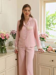 Women's Pink Bubble Chiffon Ruffle Trim Colorblock Lapel Long Sleeve Pajama Set, Fall Clothes - Blue - View 6