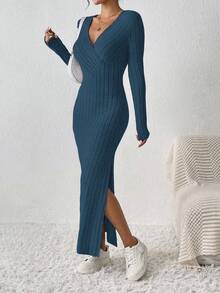 SHEIN Frenchy Của phụ nữ Bọc Vòng cổ Cao Bên Khe Đầm Với Khe nứt bên - Màu xanh hải quân - Xem 4