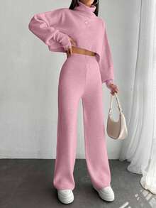 EURMUSE 2pcs Set: Solid Color Funnel Neck Lantern Sleeve Sweater Top & Long Pants, Elegant Knitted Suit - Baby Pink - View 3
