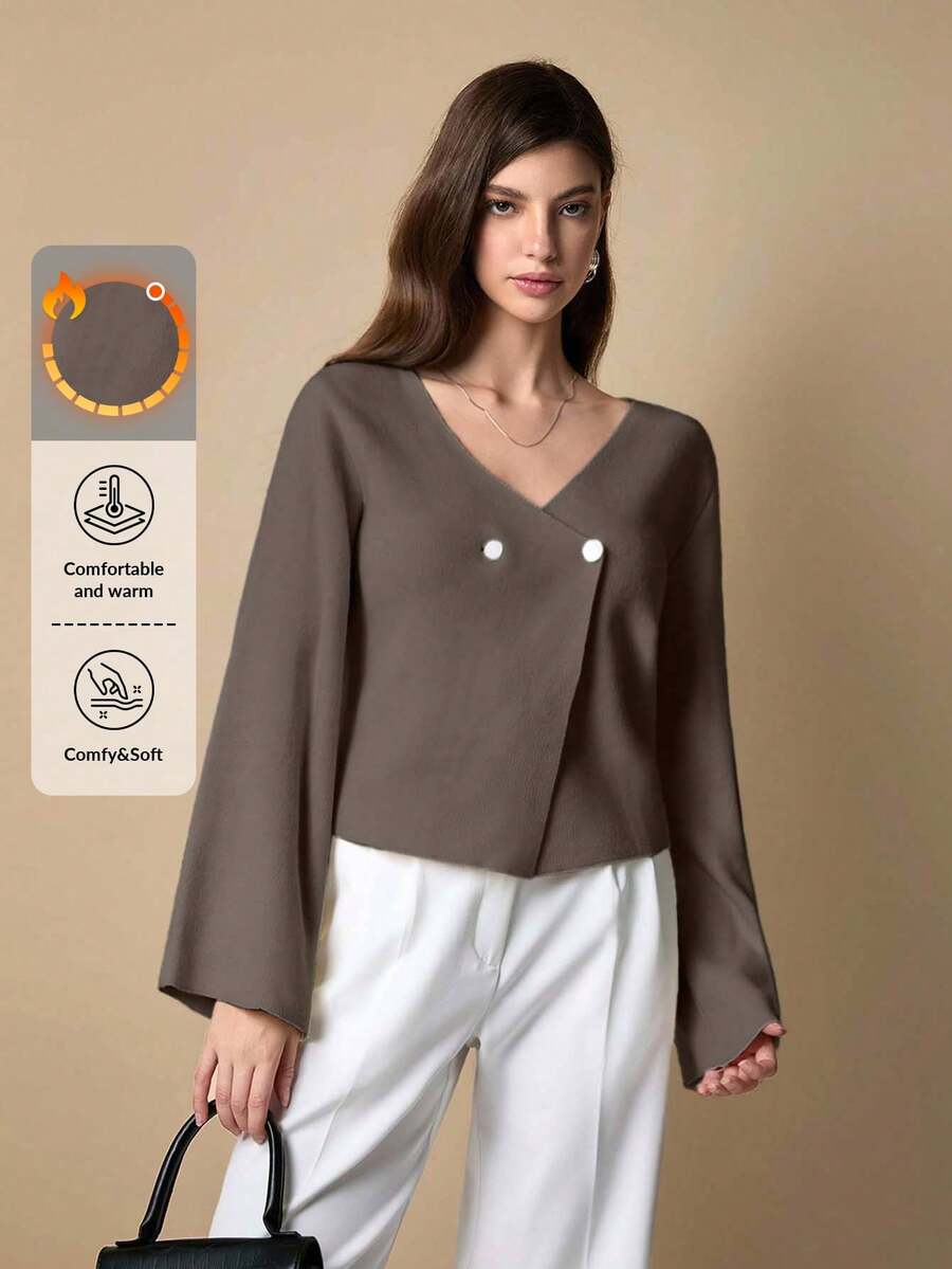 EURMUSE Women's Petite Solid Color V-Neck Front Button Drop Shoulder Cardigan - Brown - View 1