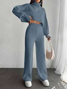 EURMUSE 2pcs Women Solid Color Lantern Sleeve Sweater And Knitted Long Pants Set,Petite,Winter Clothes - Baby Blue - View 3