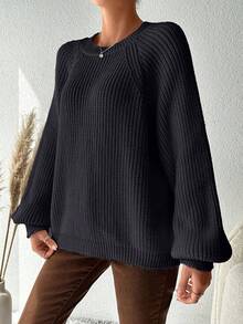 EURMUSE Plus Size Women's Solid Color Raglan Sleeve Long Sleeve Casual Sweater, For Winter - Black - View 3