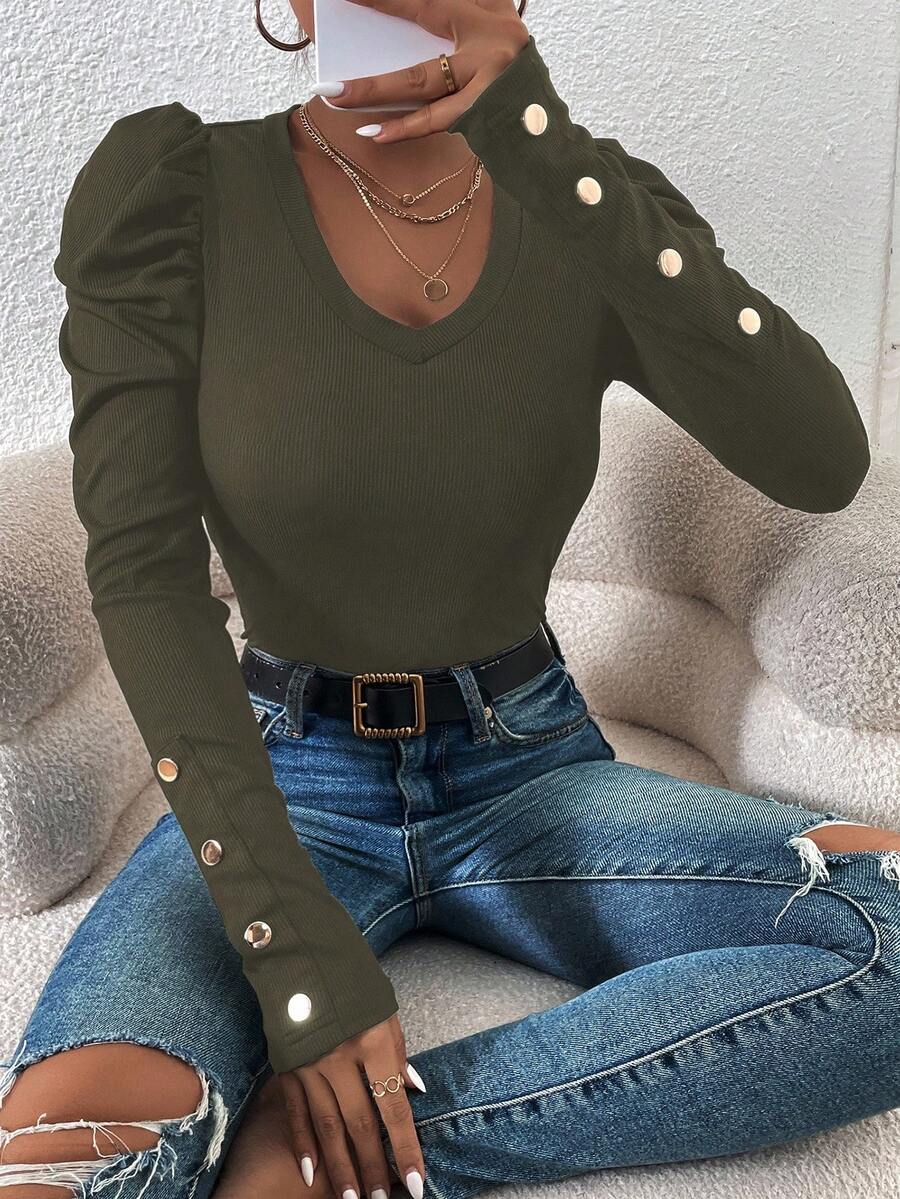 EMERY ROSE Casual Solid Color Puff Sleeve Fitted T-Shirt, Autumn - Green - View 1
