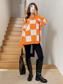 SHEIN LUNE Women's Orange Checkerboard Warm Sweater, Suitable For Winter And Halloween - Orange - View 2