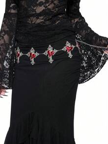 ROMWE Grunge Punk 1pc Gothic Style Heart-Shaped Rose Decor Waist Chain, Red Oil Drip Accessory For Dresses, Versatile Daily Wear, Halloween - Silver cross love - View 4