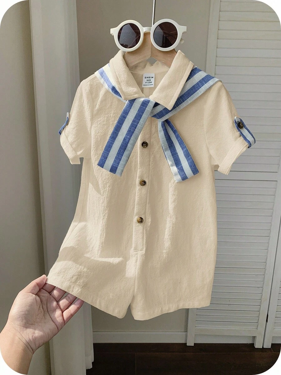 SHEIN Áo sơ mi tay ngắn màu trơn đơn giản cho trẻ sơ sinh/trẻ mới biết đi, khăn choàng sọc và quần short, phù hợp mặc vào mùa xuân/hè, trong nhà và ngoài trời - Màu be - Xem 1