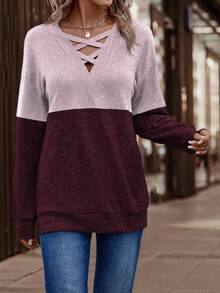 SHEIN LUNE Casual Color Block Drop Shoulder Sweatshirt, Autumn - Multicolor - View 4