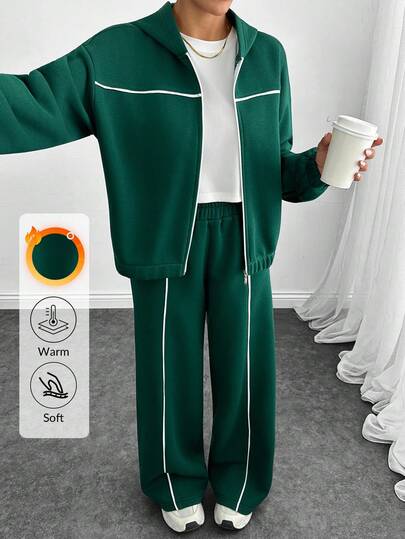 SHEIN Women's Two Pieces Set – Contrast Piped Zip Up Hoodie And High Waist Wide Leg Pants, Elastic Waist Loungewear Tracksuit, Full Length Co-Ord Set, Casual Comfy Streetwear