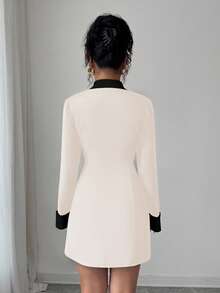 Chiquease Minimalist High-End Black & White Contrast Woven Long Sleeve Open Front Double-Breasted Short Dress, Suitable For Formal Dinners, Sisters' Gatherings, Evening Dates