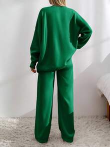 EURMUSE Drop Shoulder Cardigan & Tie Front Knit Pants - Green - View 2