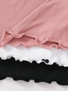 SHEIN 3件套少女纯色针织心形图案荷叶边领休闲T恤 - 彩色 - 查看 5