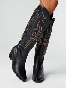 ROMWE Kawaii Botas occidentales de mujer con diseño hueco de alas de mariposa bordadas, nuevas botas de piel por encima de la rodilla para primavera/otoño - Negro - Ver 1