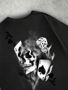 Manfinity ZONE917 Men's Loose Fit Black Spade A Smoke Skull Dice Print Black Drop Shoulder T-Shirt Men S Tshirt Skulls - Black - View 2