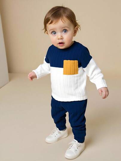 SHEIN Playful Pals 2pcs/Set Toddler Boys' Casual Color Block Long Sleeve Top And Striped Drawstring Pants Set, Accented With Yellow Pocket, Suitable For Children's Daily Casual Wear, Autumn Outfit For 3 Years Old Boy Fall Winter Baby Boy Clothes Colorblock Baby Boys Outfit Fall Retro Baby Boy Clothes Baby Outfits Unisex For Fall Baby Sportswear