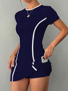 Dewbera Vestido Esportivo Branco de Manga Curta com Shorts e Bolso para Celular, Ajuste Slim, para Treino de Tênis Feminino - Azul Marinho - Visão 6