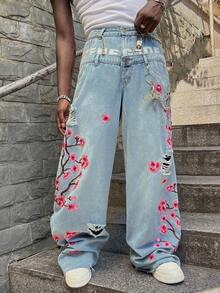 ROMWE MEN Street Life Men's Floral Embroidered Loose Fit Double-Waistband Jeans