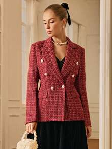 Chiquease Áo khoác blazer hai hàng khuy họa tiết kẻ caro bảo hộ lao động - Đỏ - Xem 3