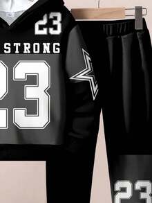 SHEIN Young Boy Casual Baseball-Inspired Sportswear,Star Pattern Number 23 Hoodie & Athletic Pants Set,Back-To-School,Autumn,Career Day,Fall Winter Outfit - Multicolor - View 5
